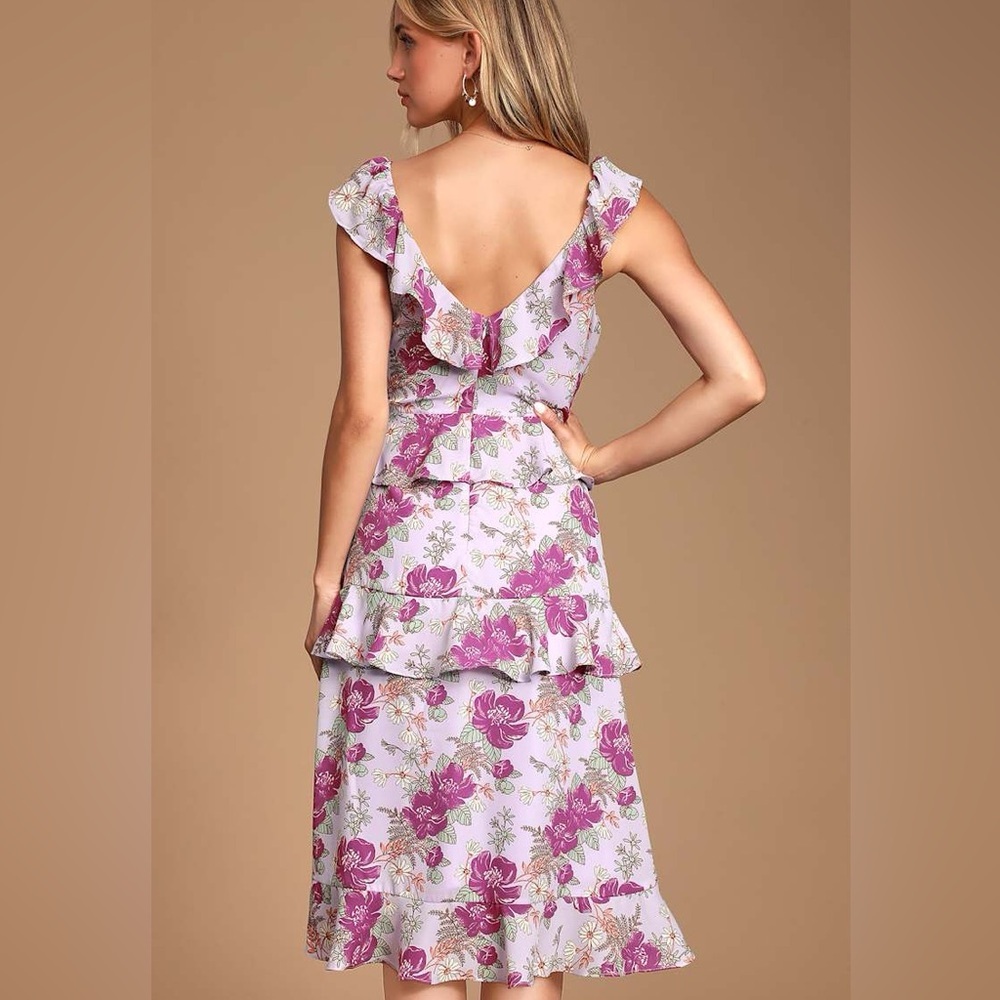 Lulu’s Fleur-Evermore Lavender Floral Print Ruffled Midi Dress Size Extra Small - Picture 8 of 8